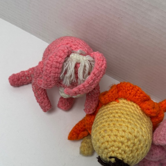 Vintage Crocheted Animal Trio in Pink Orange Yellow Elephant Bunny Humpty - Picture 12 of 12